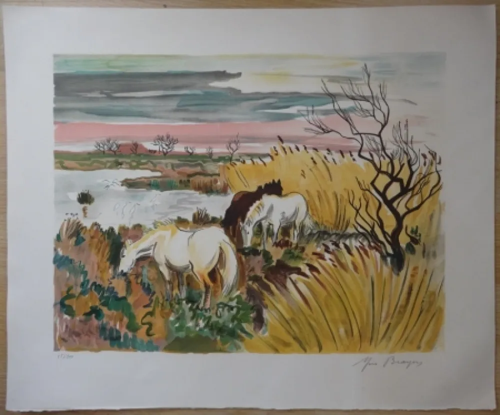 リトグラフ Brayer - Chevaux en Camargue