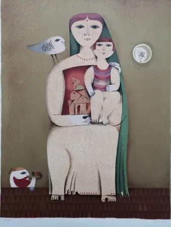 リトグラフ Briss - Femme et enfant