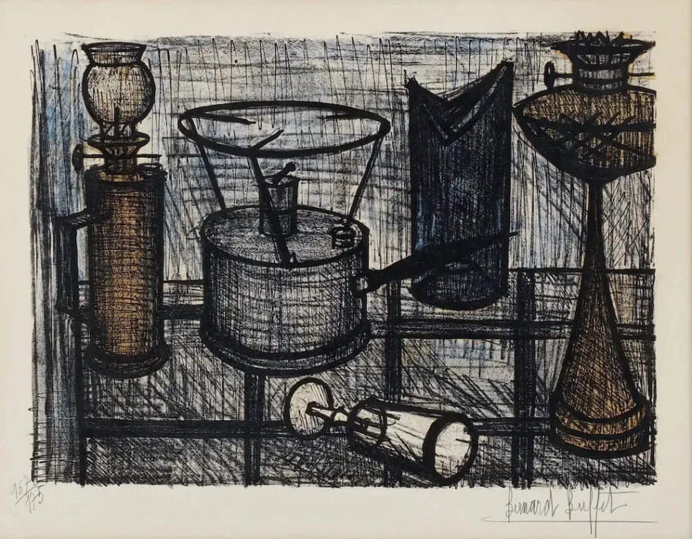 リトグラフ Buffet - Naturaleza muerta ( lampara de petróleo)