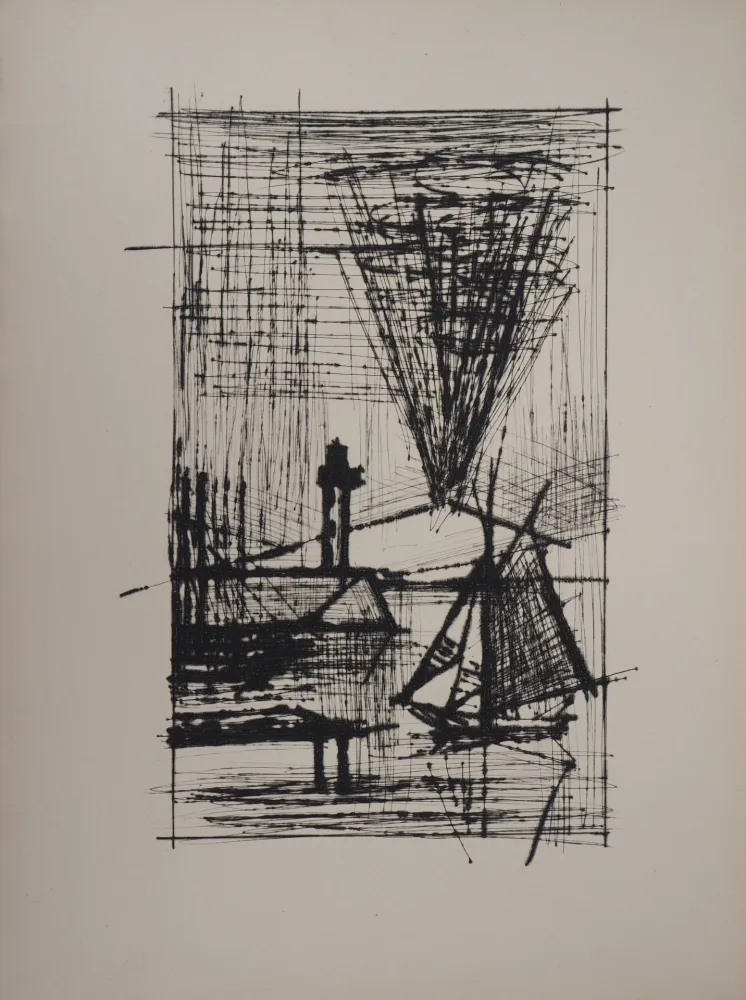 彫版 Buffet - Paysage au voilier et au phare