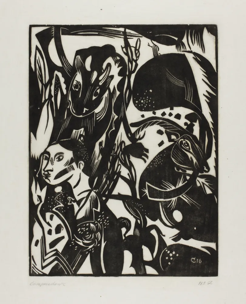 木版 Campendonk - Männliche Halbfigur mit Kuh und Ziege 