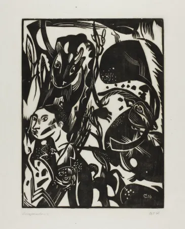 木版 Campendonk - Männliche Halbfigur mit Kuh und Ziege 