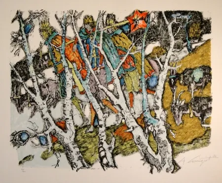 リトグラフ Carigiet - Sternsinger  (Die Drei Könige hinter Birken)