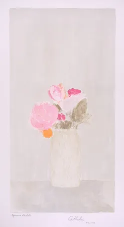 リトグラフ Cathelin - Bouquet de roses au fond gris - Bouquet of roses on a grey background