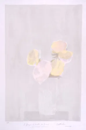 リトグラフ Cathelin - Bouquet rose au fond gris - Pink bouquet on a grey background