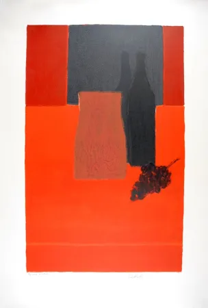 リトグラフ Cathelin - Nature morte à la nappe rouge et à la grappe de raisin - Still Life with bunch of grapes on a red tablecloth