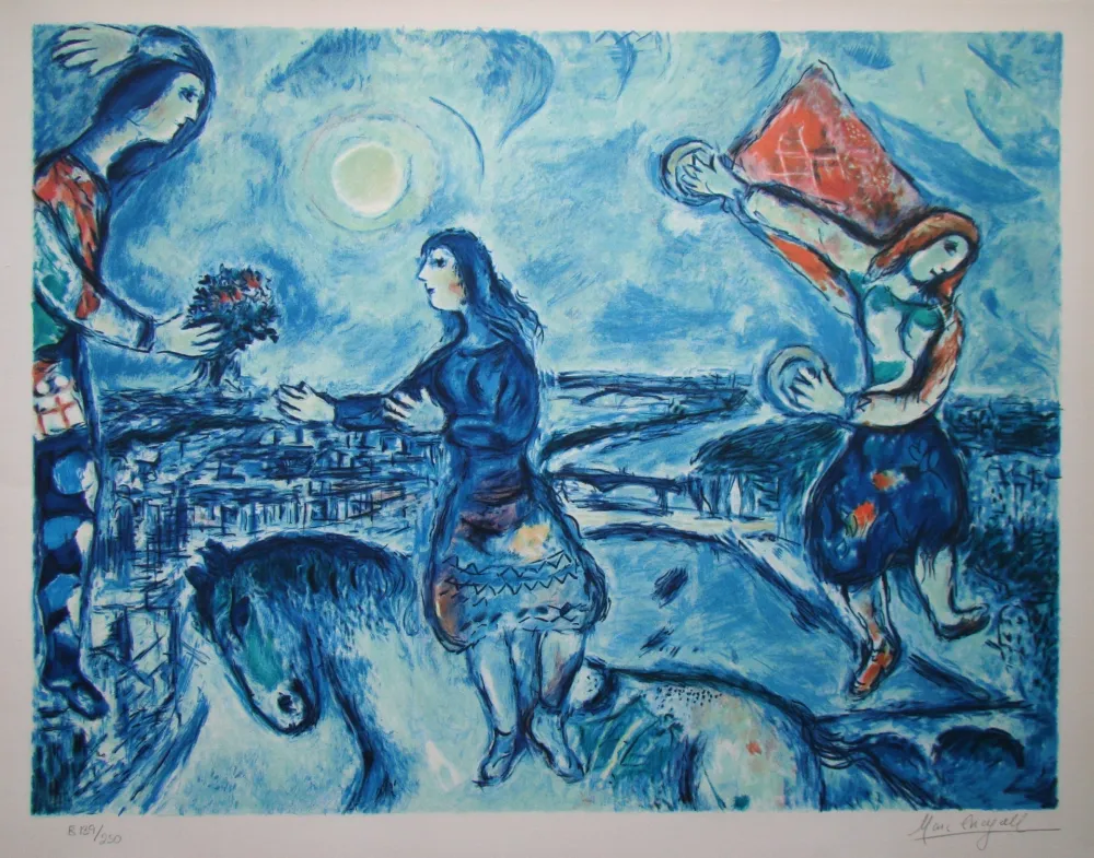 リトグラフ Chagall (After) - Lovers over Paris