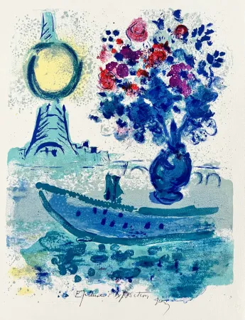 リトグラフ Chagall - Bateau Mouche au Bouquet