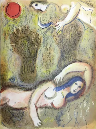 リトグラフ Chagall - BOOZ SE RÉVEILLE ET VOIT RUTH À SES PIEDS (Dessins pour la Bible 1960)