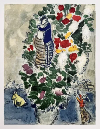 リトグラフ Chagall - Couple avec Fleurs