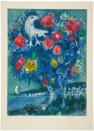 リトグラフ Chagall - La baie des Anges au bouquet de roses (Angel Bay with a Boquet of Roses)