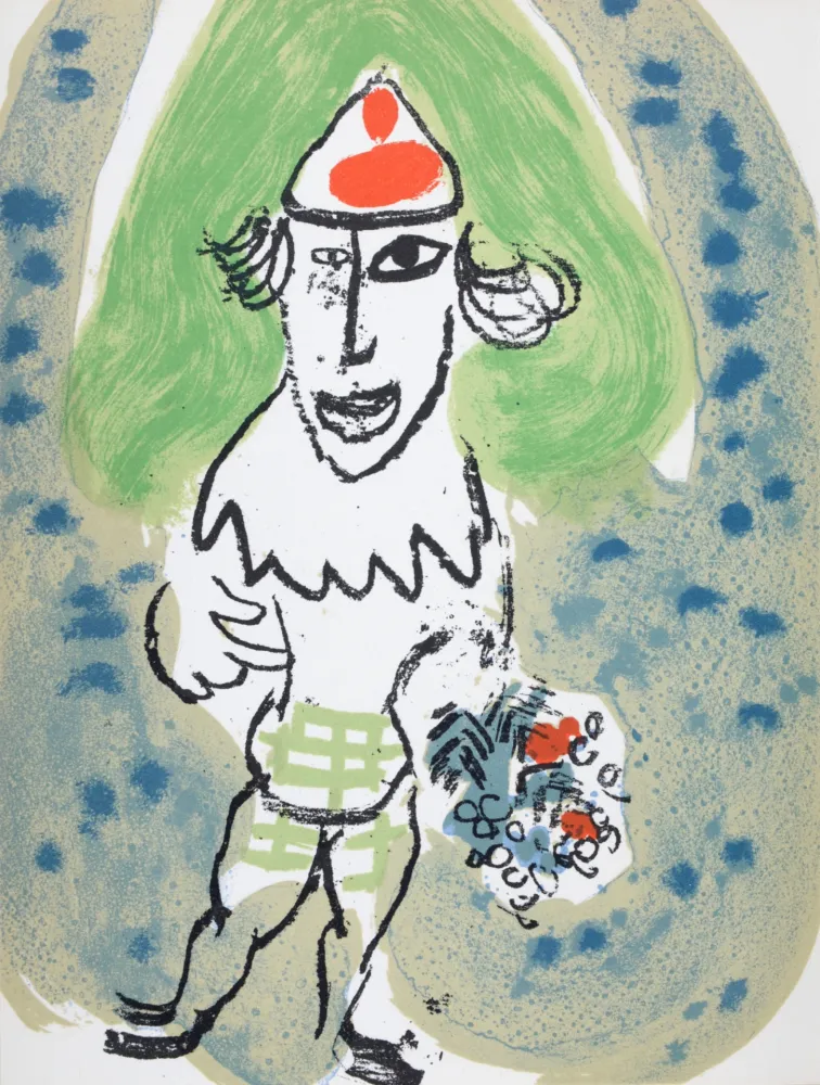 リトグラフ Chagall - Le clown vert avec bouquet de fleurs, 1966