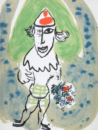 リトグラフ Chagall - Le clown vert avec bouquet de fleurs, 1966