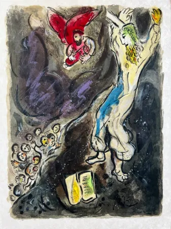 リトグラフ Chagall -  Moses wrath waxed hote, and he cast the Tables out of his handes, and brake them in pieces beneath the mountaine
