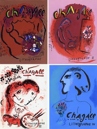 挿絵入り本 Chagall - Mourlot & Sorlier : Chagall lithographe I à IV,  avec 28 LITHOGRAPHIES ORIGINALES