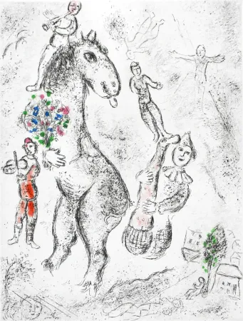 エッチングと　アクチアント Chagall - Original etching «Horse, violinist and clown» from «Celui qui dit les choses sans rien dire» (1976)