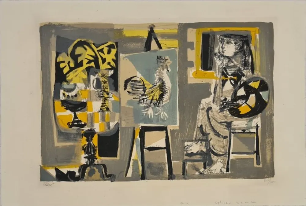 リトグラフ Clavé - La Femme-peintre au coq 