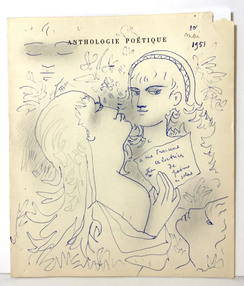 技術的なありません Cocteau - Dessin au stylo bleu et mine de plomb,