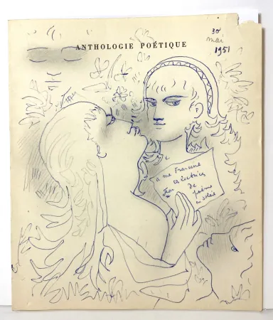 技術的なありません Cocteau - Dessin au stylo bleu et mine de plomb,