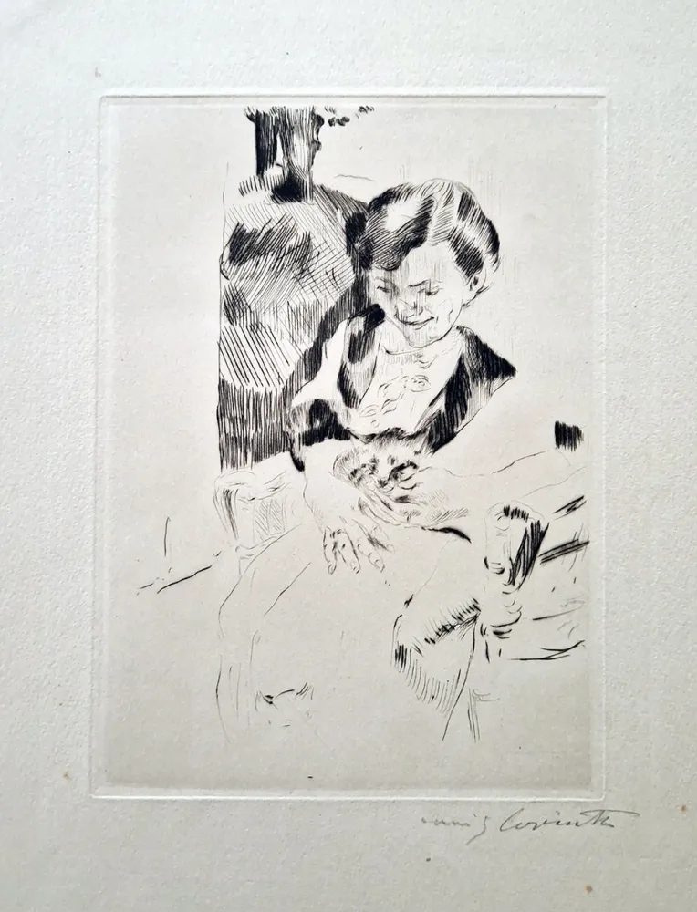 エッチング Corinth - Frau mit Katzen