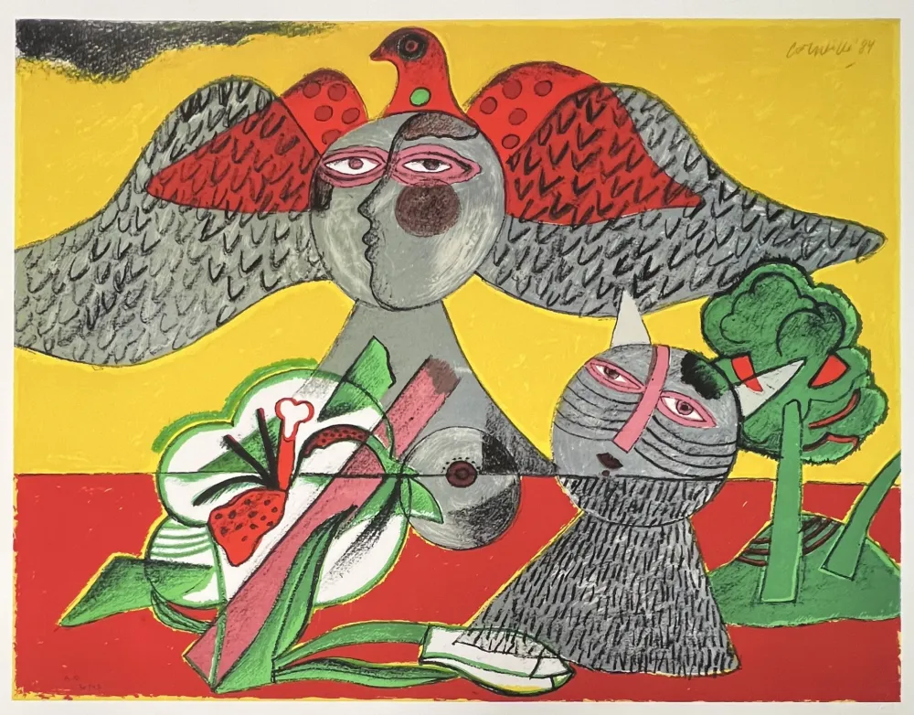 デジタル版画 Corneille - Chat, Fleur et Oiseau, 1984, Tirage à 45 ex.