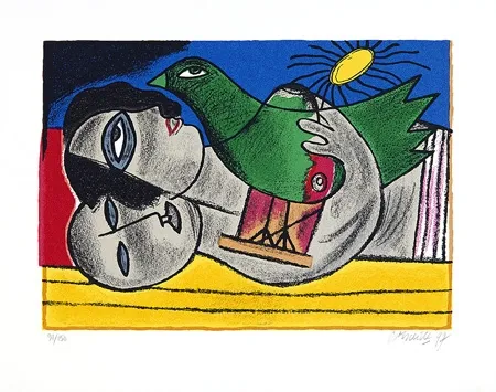 シルクスクリーン Corneille - Couple à l'oieau