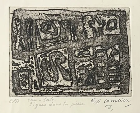 エッチング Corneille - Eau-forte encadrée en couleurs Signes dans la pierre, 1953. Epreuve d'artiste EA