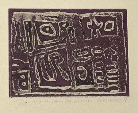 エッチングと　アクチアント Corneille - Eau-forte encadrée en couleurs Signes dans la pierre, 1953. Numéro 15/30