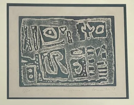 エッチング Corneille - Eau-forte encadrée en couleurs Signes dans la pierre, 1953. Numéro 15/30