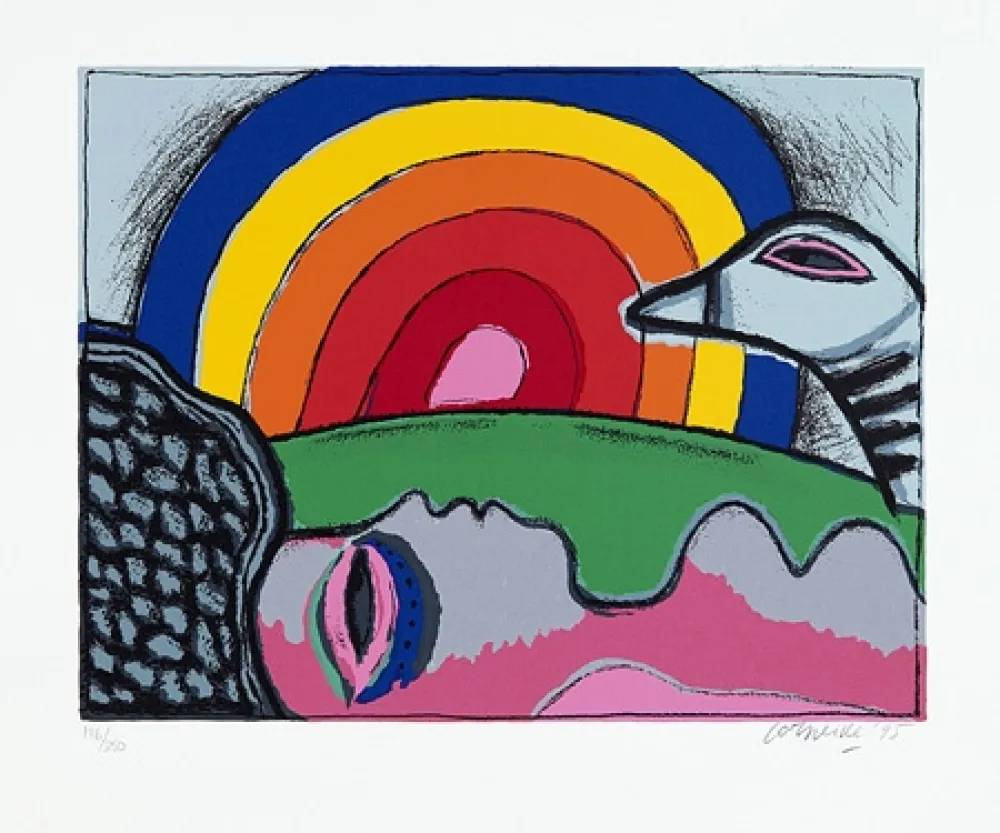 シルクスクリーン Corneille - Femme à l'arc-en-ciel