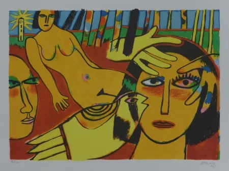 リトグラフ Corneille - Femme à l'oiseau