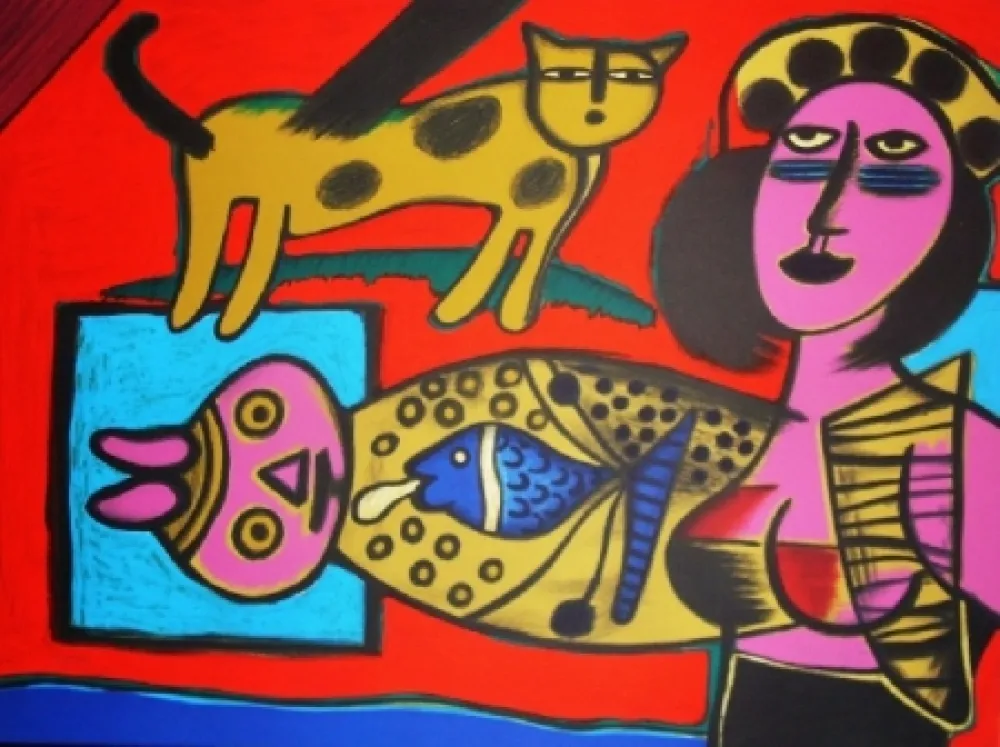 リトグラフ Corneille - Femme et chat