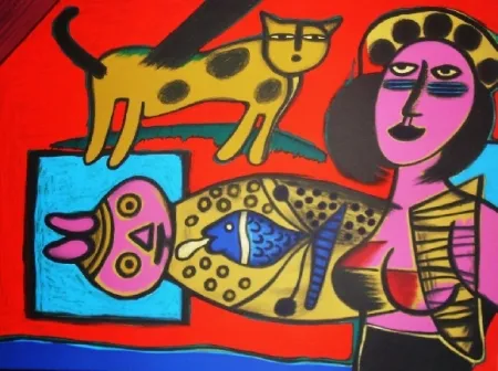 リトグラフ Corneille - Femme et chat