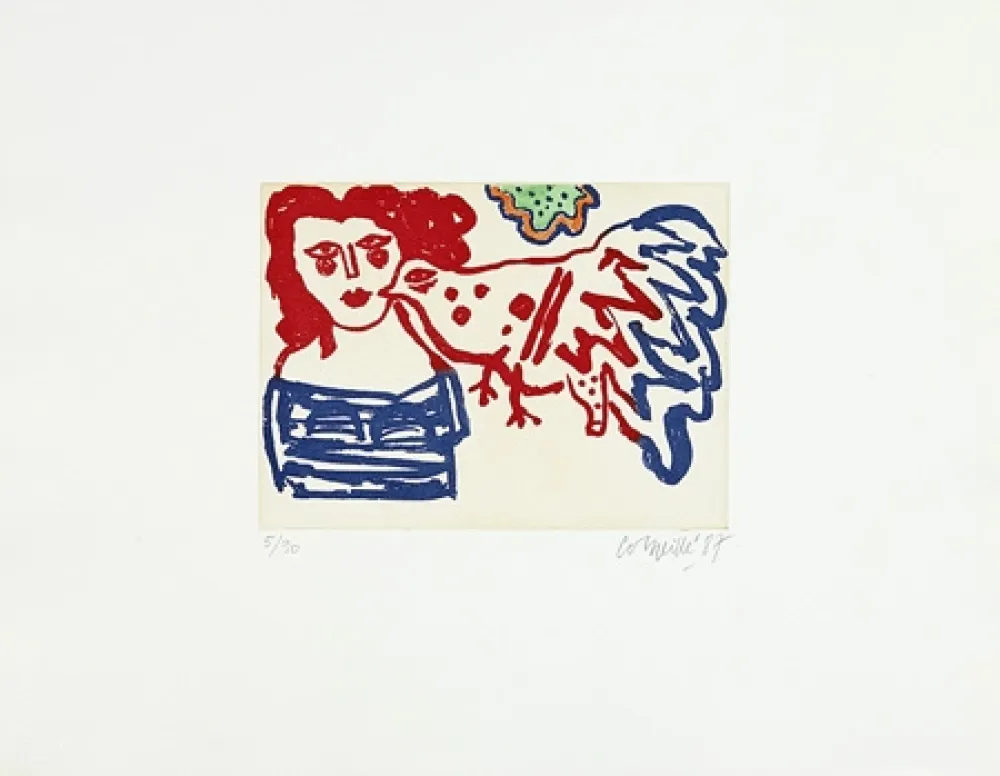 彫版 Corneille - Femme et oiseau