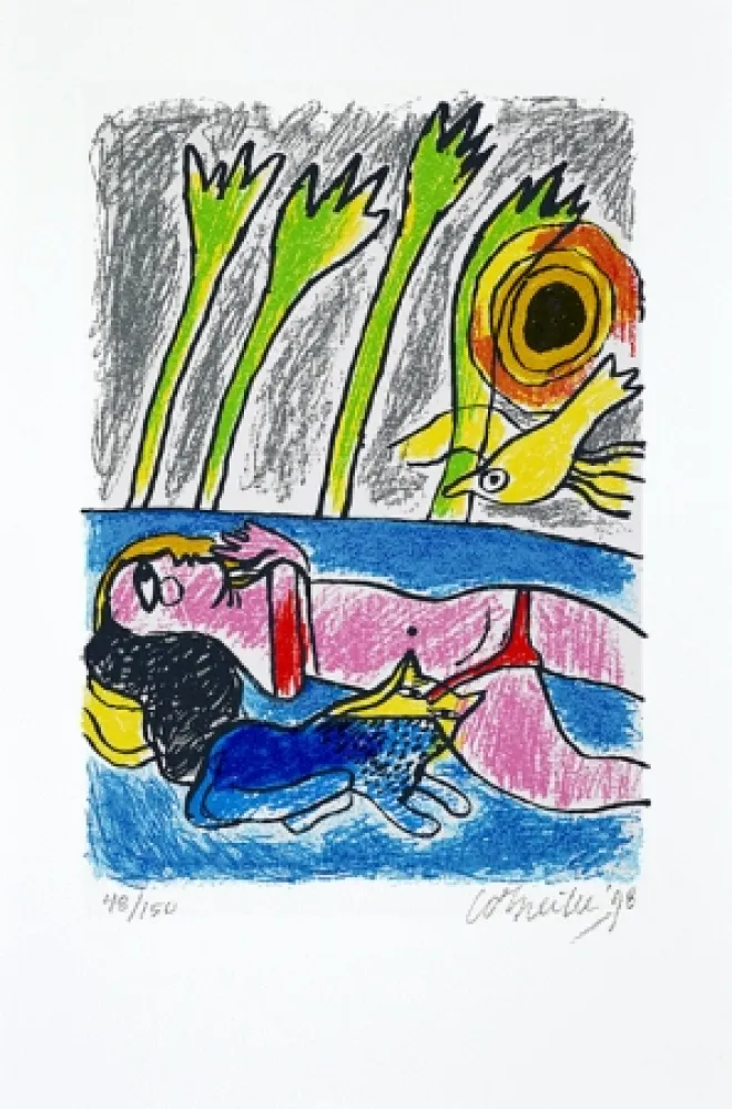 シルクスクリーン Corneille - Femme et oiseau II