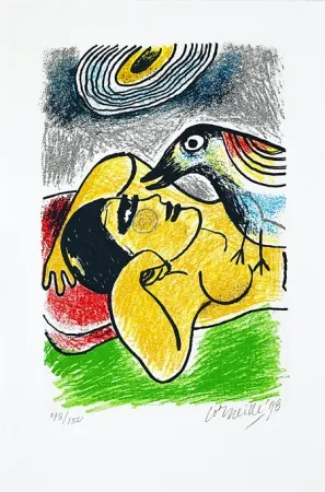 シルクスクリーン Corneille - Femme et oiseaux II