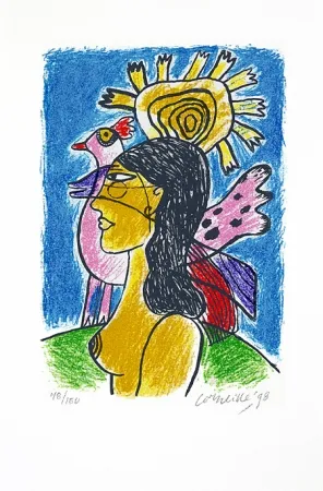 シルクスクリーン Corneille - Femme et oiseaux II