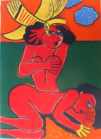 リトグラフ Corneille - Femmes et nuages bleu