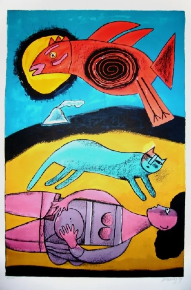 リトグラフ Corneille - Granbd oiseau du désert