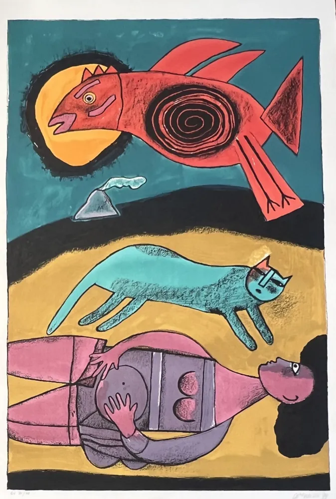 リトグラフ Corneille - Grande lithographie encadrée Grand Oiseau du désert 1999