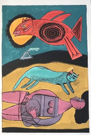 リトグラフ Corneille - Grande lithographie encadrée Grand Oiseau du désert 1999