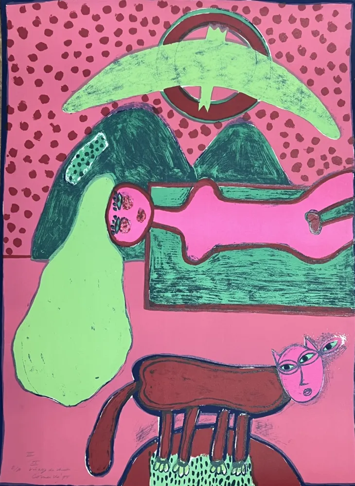 リトグラフ Corneille - Grande lithographie Le visage de chat 1974 E/A