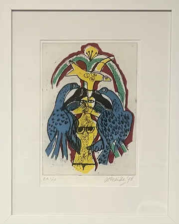 彫版 Corneille - Gravure encadrée, Femme et oiseaux, EA 1/10, 1998