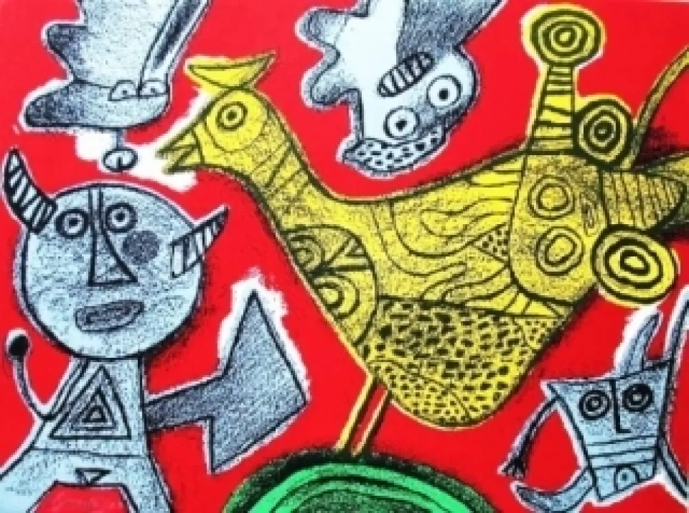 リトグラフ Corneille - Le diable et l'oiseau