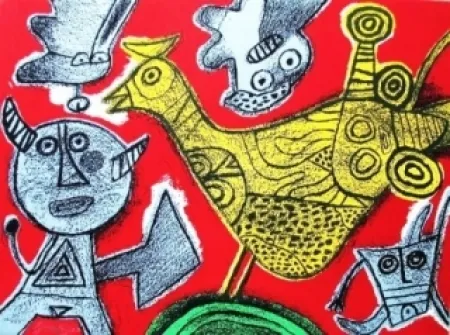 リトグラフ Corneille - Le diable et l'oiseau