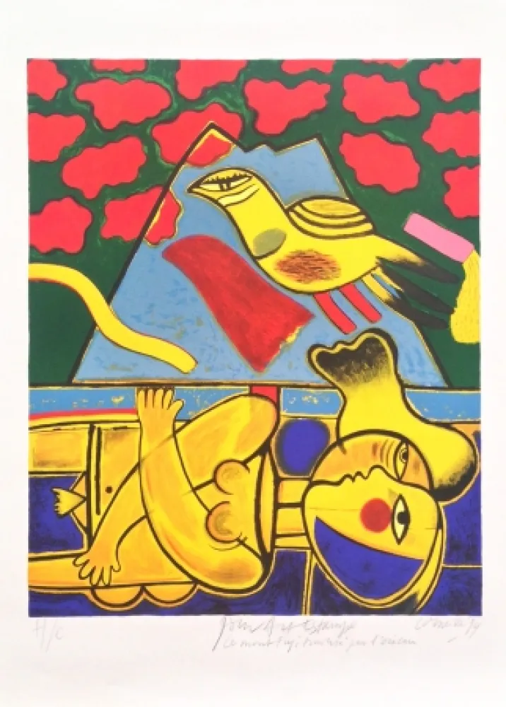 リトグラフ Corneille - Le mont Fuji traversé par l'oiseau