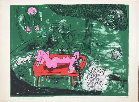 リトグラフ Corneille - Lithographie ancienne Fenêtre ouverte sur le divan rouge,