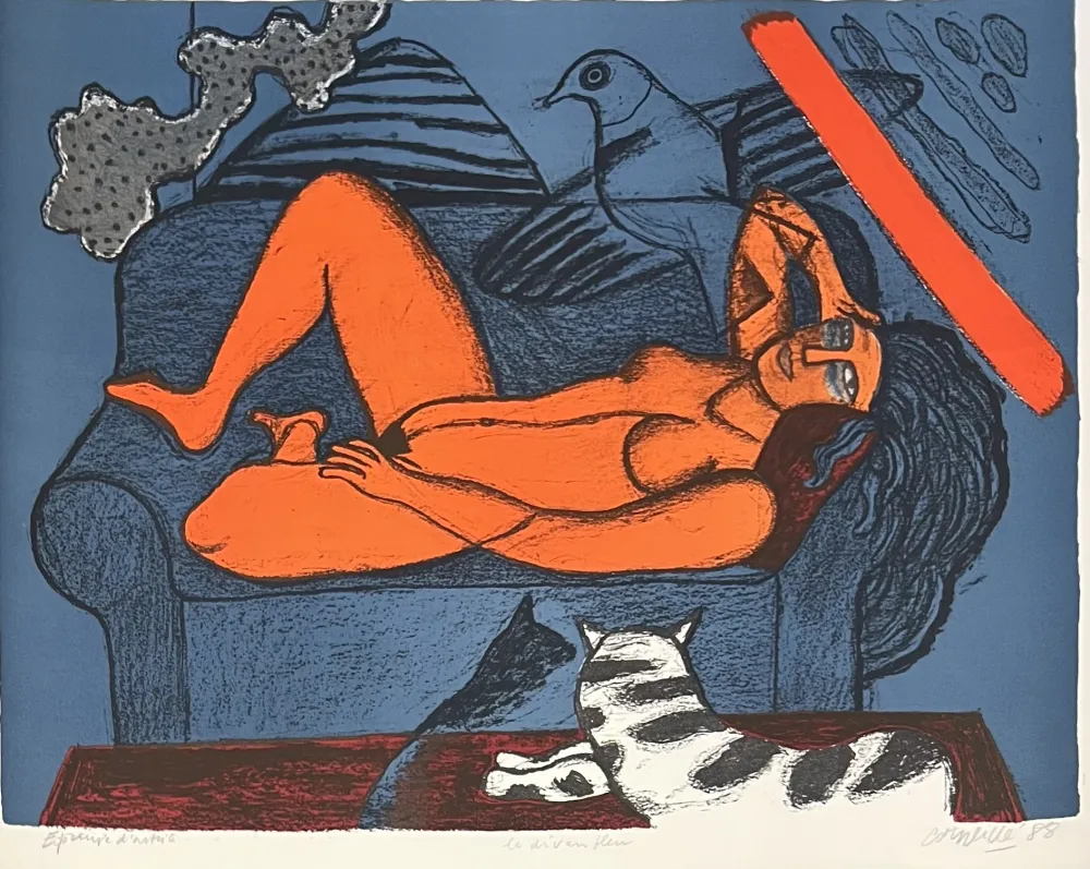 リトグラフ Corneille - Lithographie ancienne Le divan bleu 1988