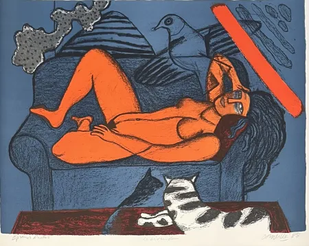 リトグラフ Corneille - Lithographie ancienne Le divan bleu 1988