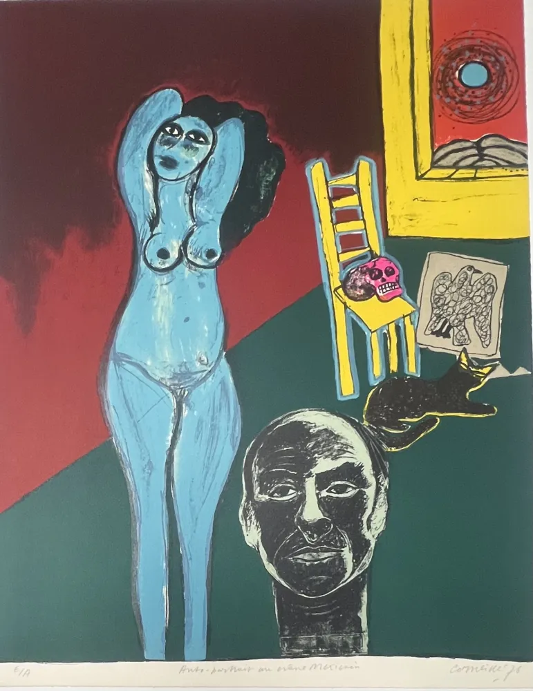 リトグラフ Corneille -  Lithographie Autoportrait au crâne Mexicain 1976 E/A